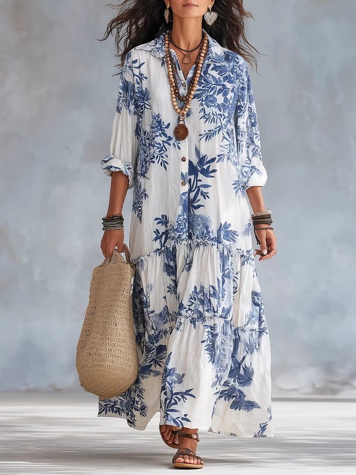 Galenisse - Vestido comprido com botões e estampado floral azul