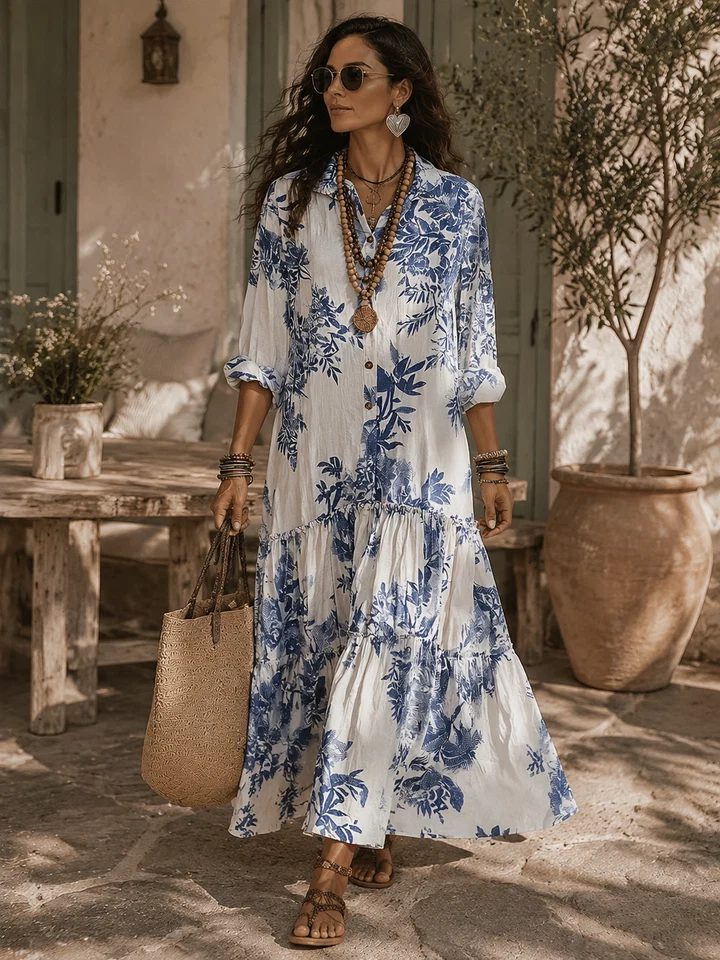 Galenisse - Vestido comprido com botões e estampado floral azul