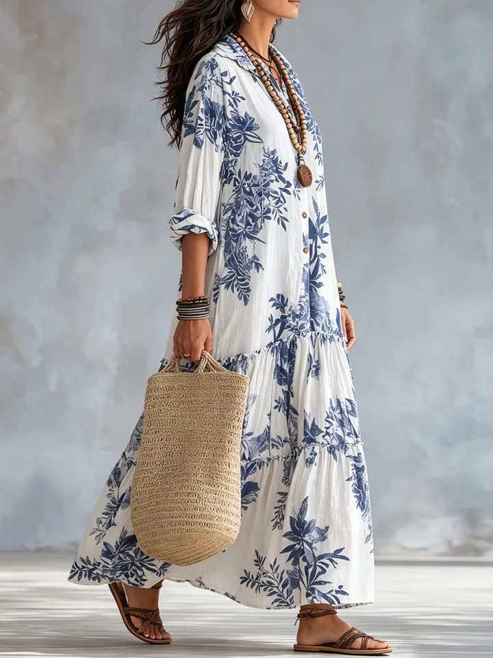 Galenisse - Vestido comprido com botões e estampado floral azul