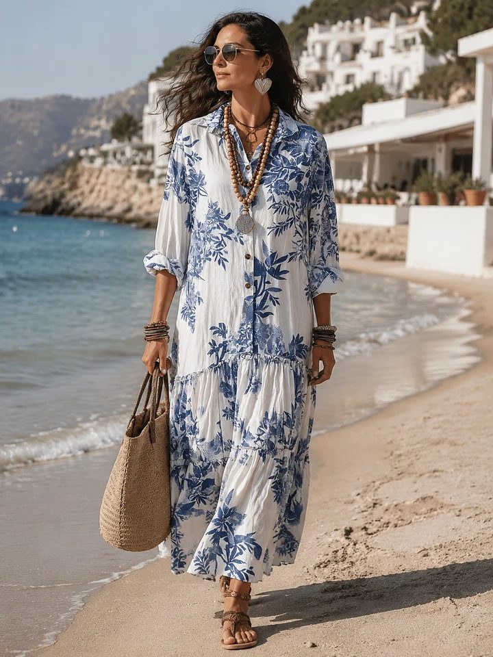 Galenisse - Vestido comprido com botões e estampado floral azul